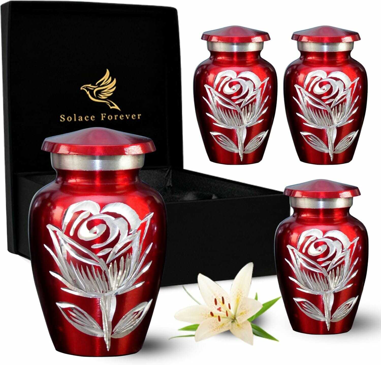 Red Rose Keepsake Small Memorial Urns Set of 4 with Box & Bags