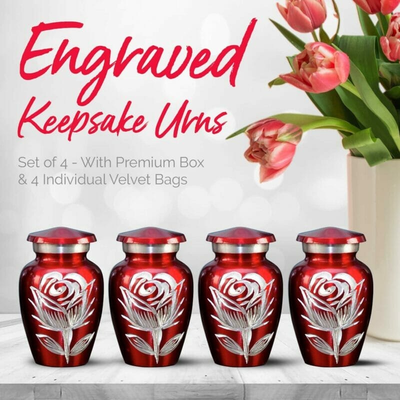 Red Rose Keepsake Small Memorial Urns Set of 4 with Box & Bags - Image 4