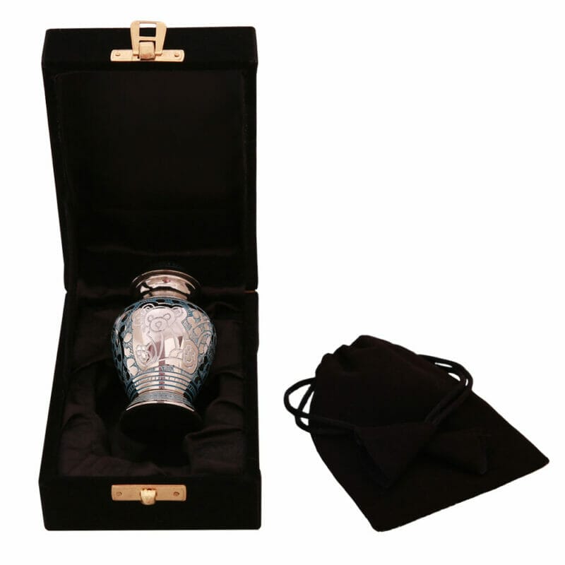 baby blue infant urn in presentation box