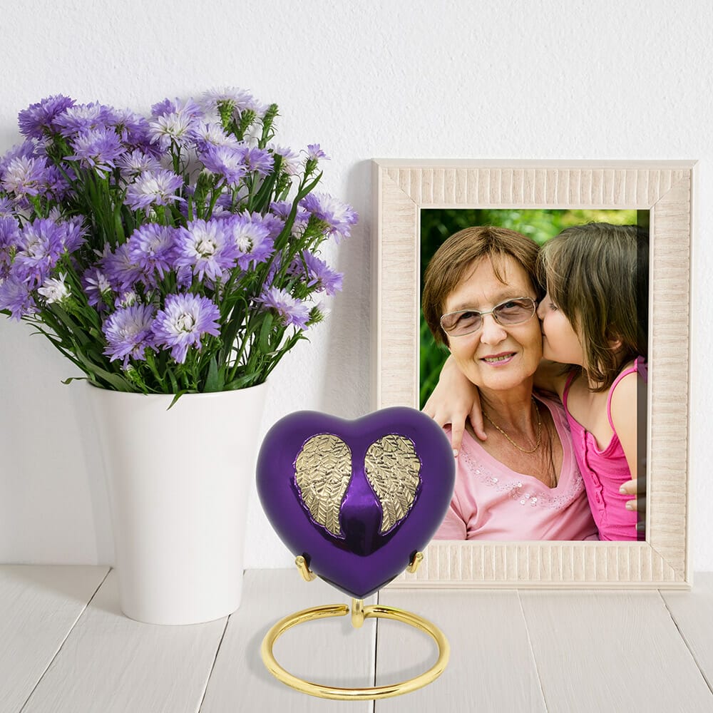 Purple Heart Shaped Urn with Gold Wings - Solace Forever Urns