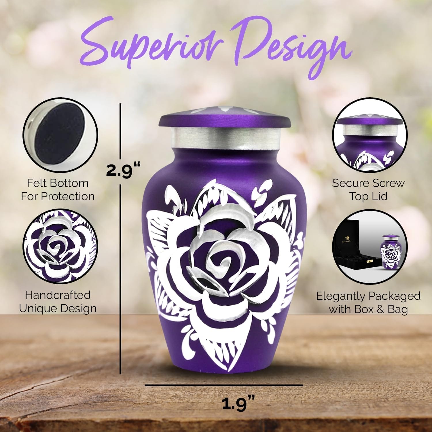 Small Purple Keepsake Urn with Rose - Mini Urn for Ashes - Image 4