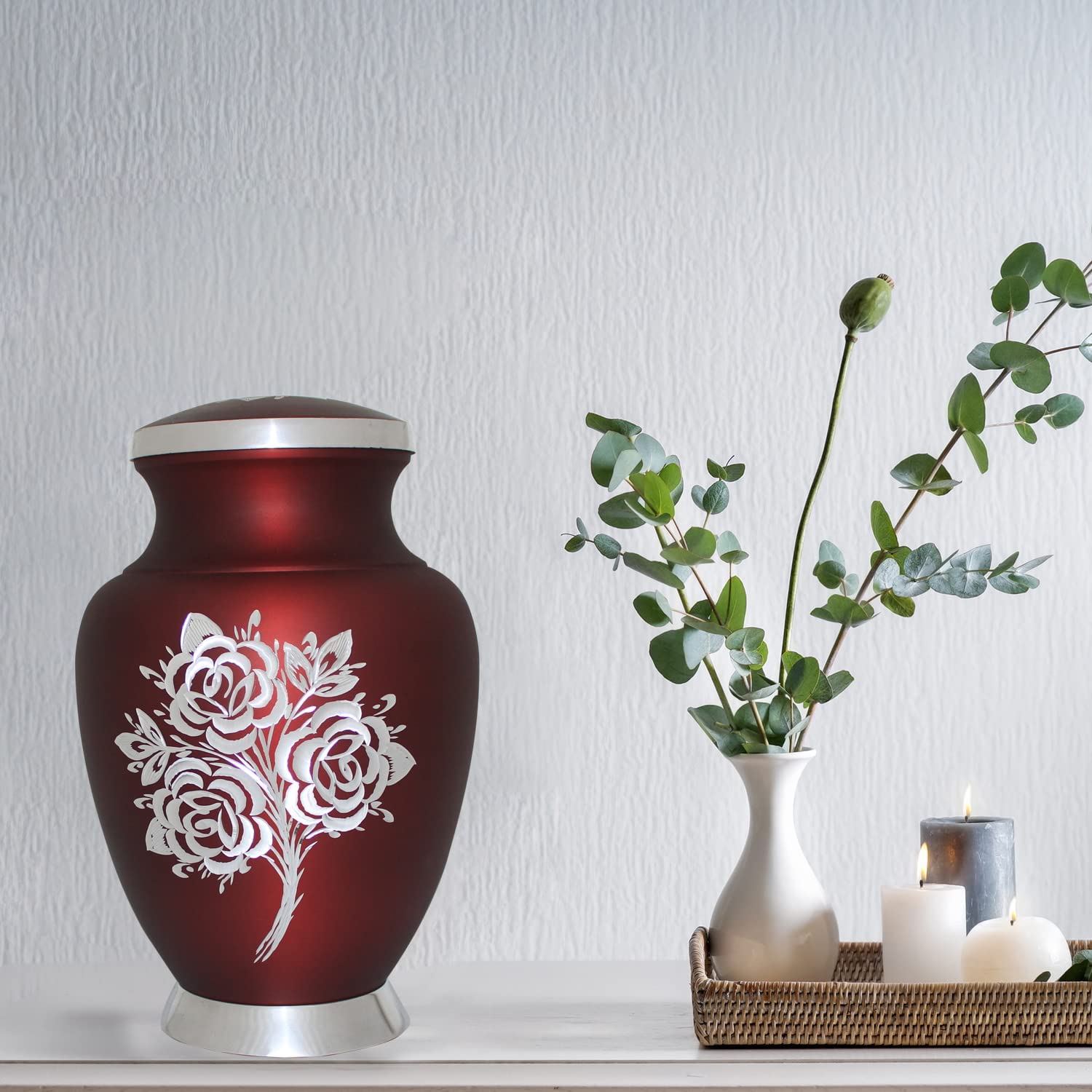 Large Red Cremation Urn with White Rose - Image 5