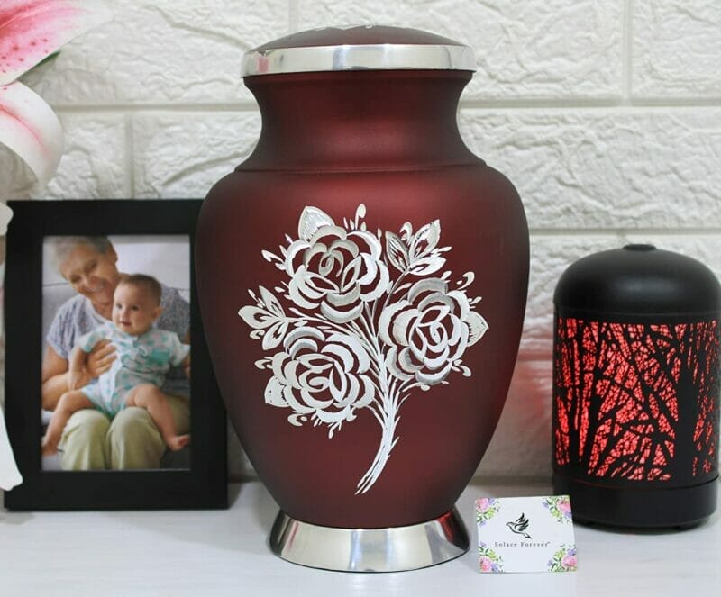 Large Red Cremation Urn with White Rose - Image 4