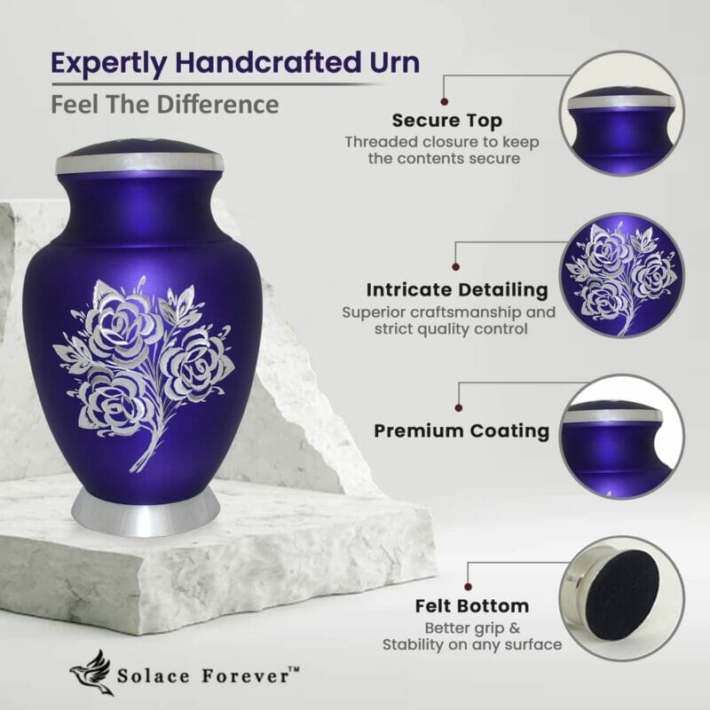 Large Purple Cremation Urn with White Rose - Image 4