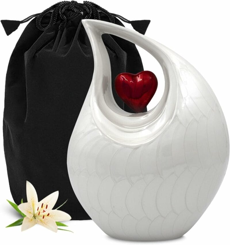 White Teardrop Red Heart Urn