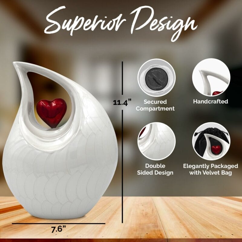 White Teardrop Red Heart Urn - Image 3