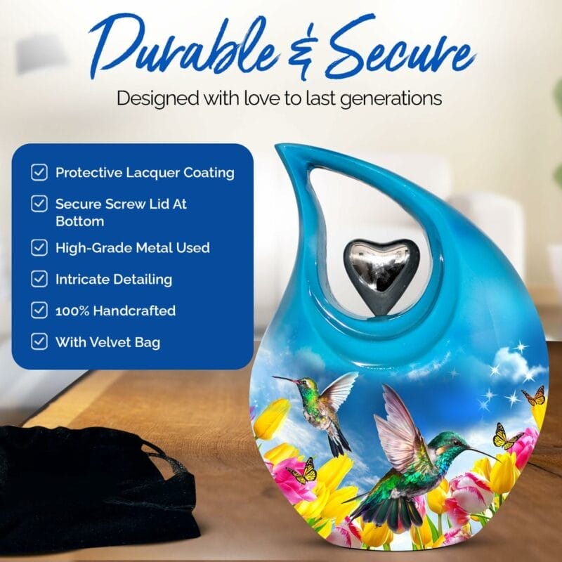 Blue Hummingbird PT Teardrop Heart Urn - Image 3