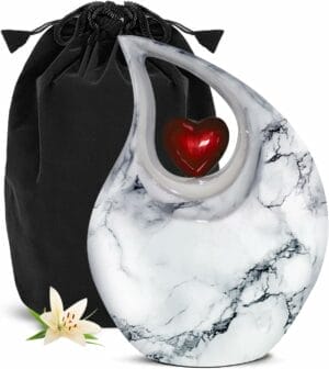 White Marble Red Heart Teardrop ENG Urn