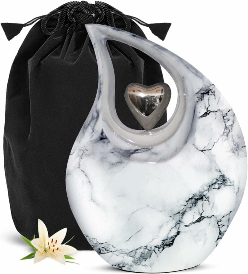 White Silver Heart ENG Teardrop Adult Urn