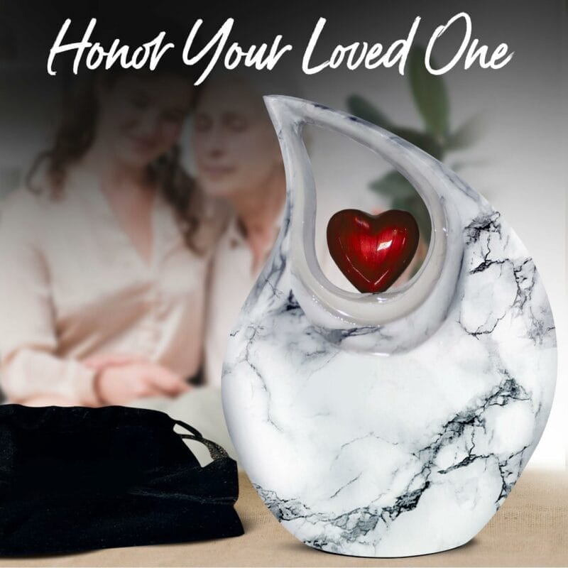 White Marble Red Heart Teardrop ENG Urn - Image 5