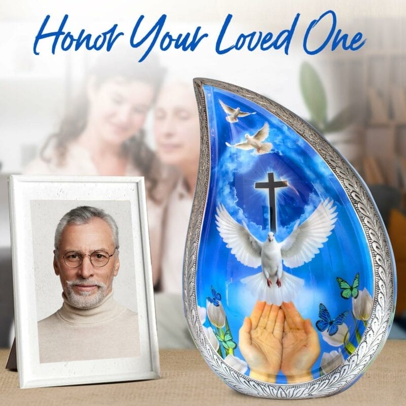 Blue Hands Dove Cross Teardrop Urn - Image 2