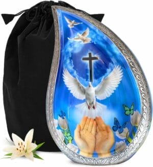 Blue Hands Dove Cross Teardrop Urn