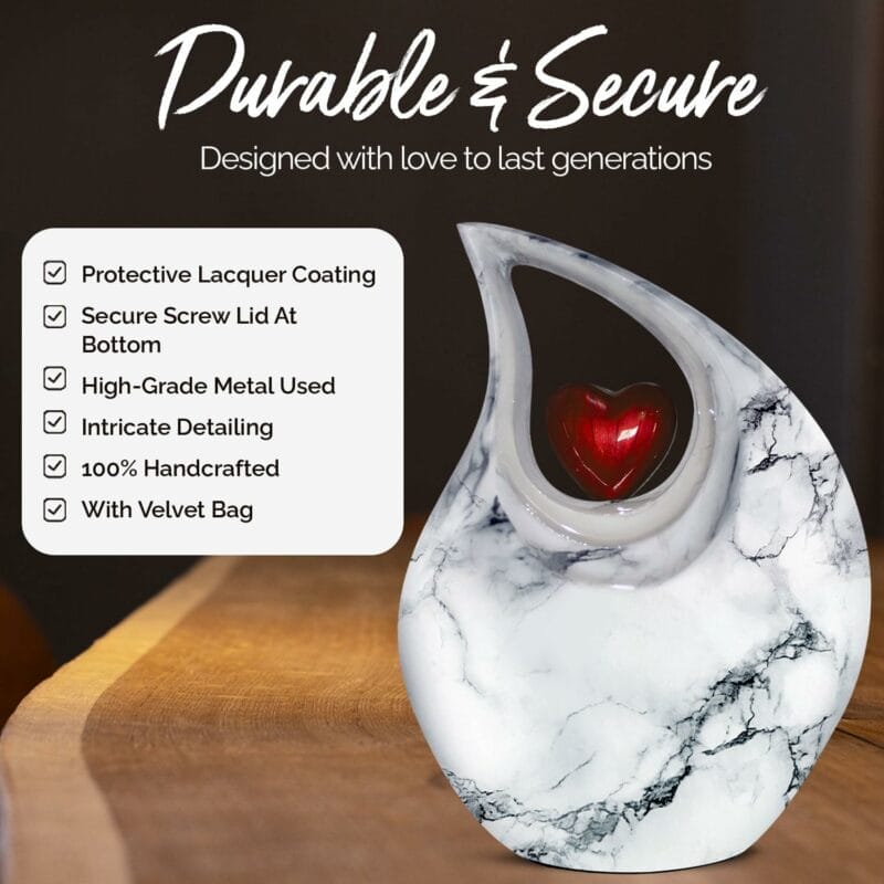 White Marble Red Heart Teardrop ENG Urn - Image 3
