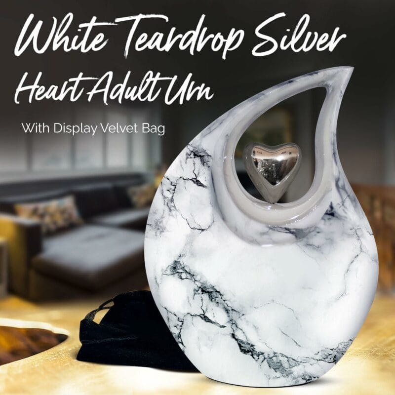 White Silver Heart ENG Teardrop Adult Urn - Image 4