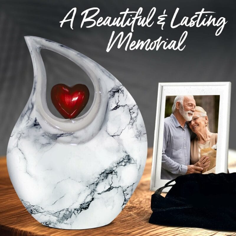 White Marble Red Heart Teardrop ENG Urn - Image 2