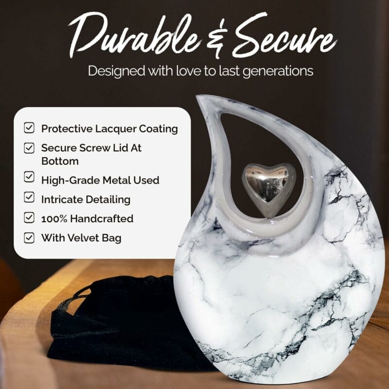 White Silver Heart ENG Teardrop Adult Urn - Image 7
