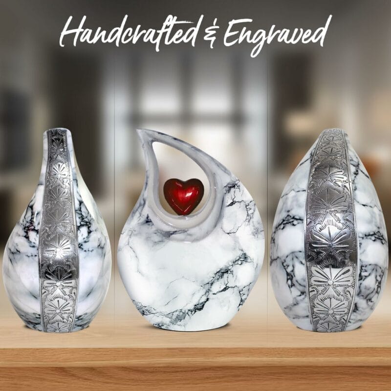 White Marble Red Heart Teardrop ENG Urn - Image 6