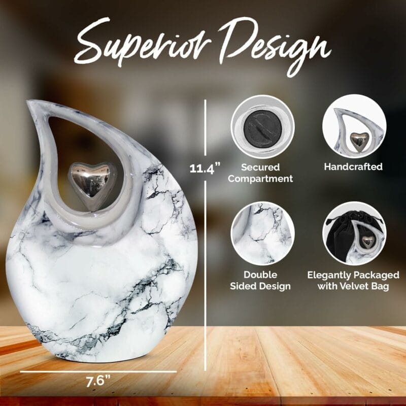 White Silver Heart ENG Teardrop Adult Urn - Image 5