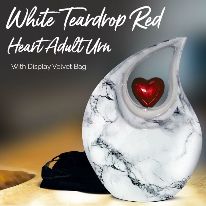 White Marble Red Heart Teardrop ENG Urn - Image 4
