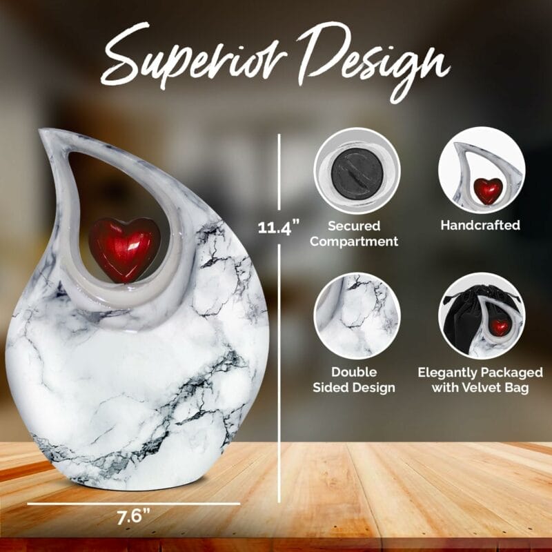 White Marble Red Heart Teardrop ENG Urn - Image 7